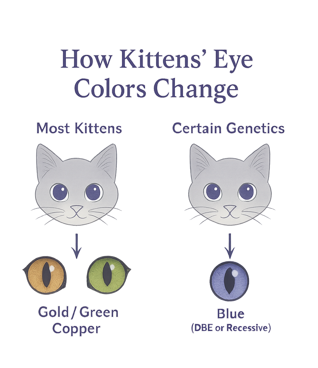 Kitten to adult eye color progression in cats, comparing normal pigment development vs DBE or recessive blue