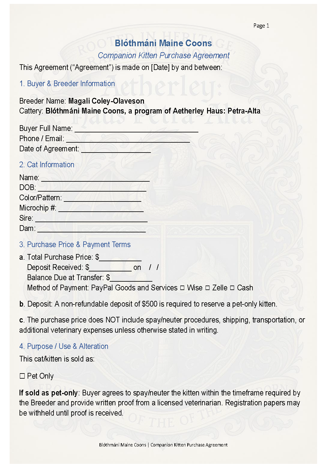 Aetherley Haus Kitten Contract Page 1