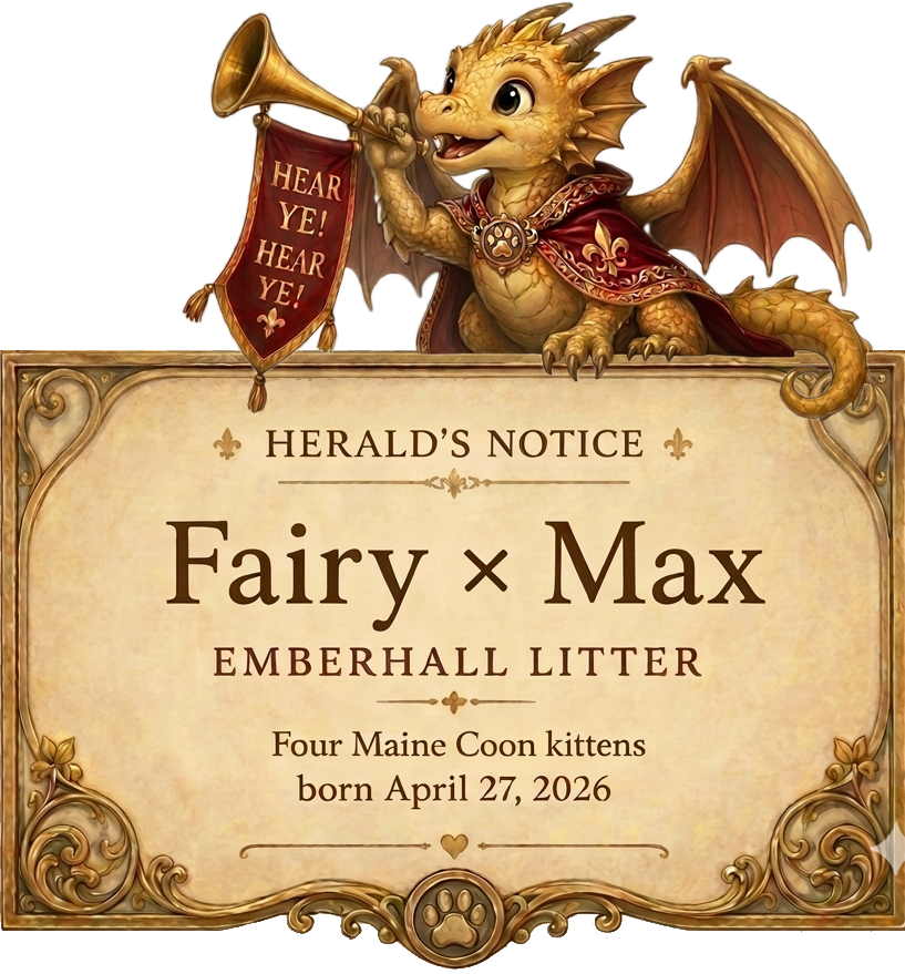 Herald's Notice announcing the Fairy and Max Emberhall litter of four Maine Coon kittens born April 27, 2026